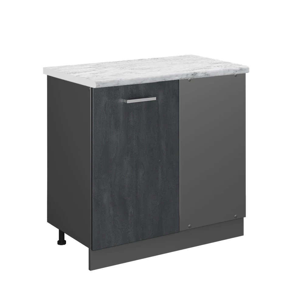 Eckunterschrank in Schwarz Beton auf weißem Hintergrund