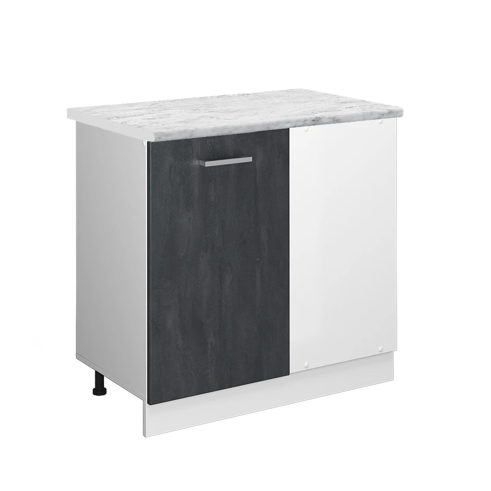 Eckunterschrank in Schwarz Beton auf weißem Hintergrund