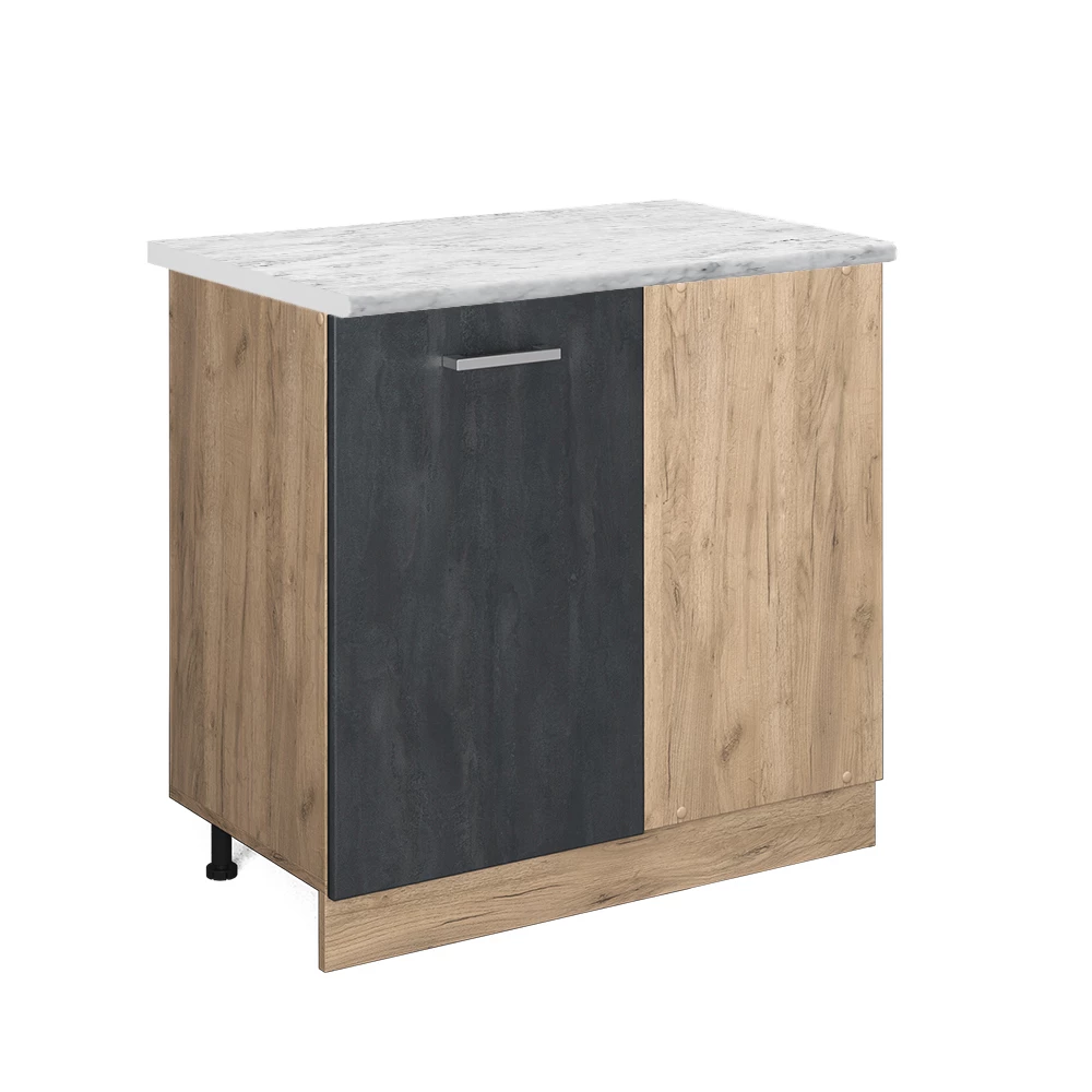 Eckunterschrank in Schwarz Beton auf weißem Hintergrund