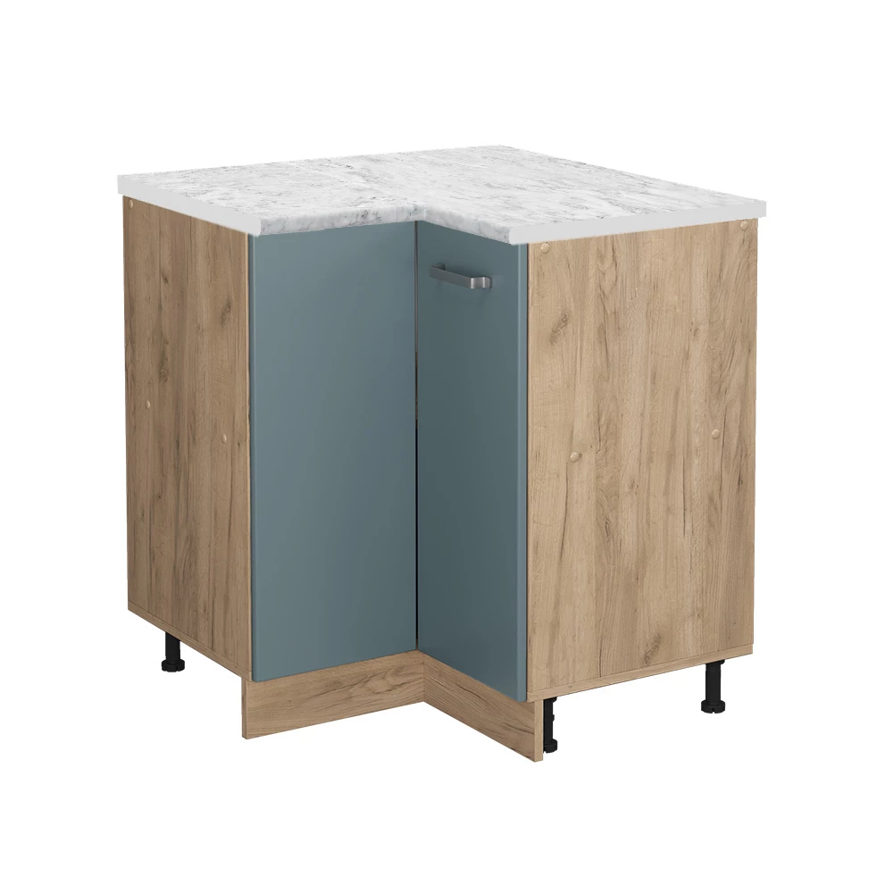 Eckunterschrank in Blau-Grau auf weißem Hintergrund