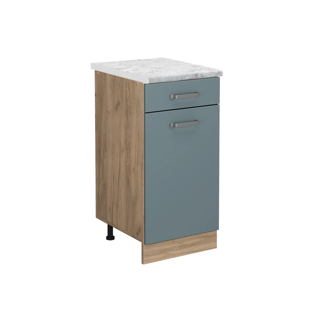 Küchenunterschrank in Blau-Grau auf weißem Hintergrund