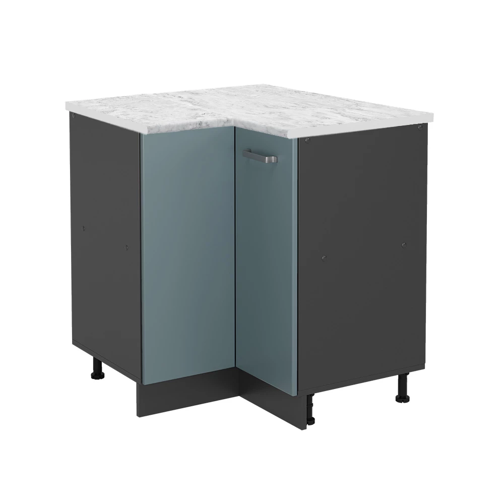 Eckunterschrank in Blau-Grau auf weißem Hintergrund