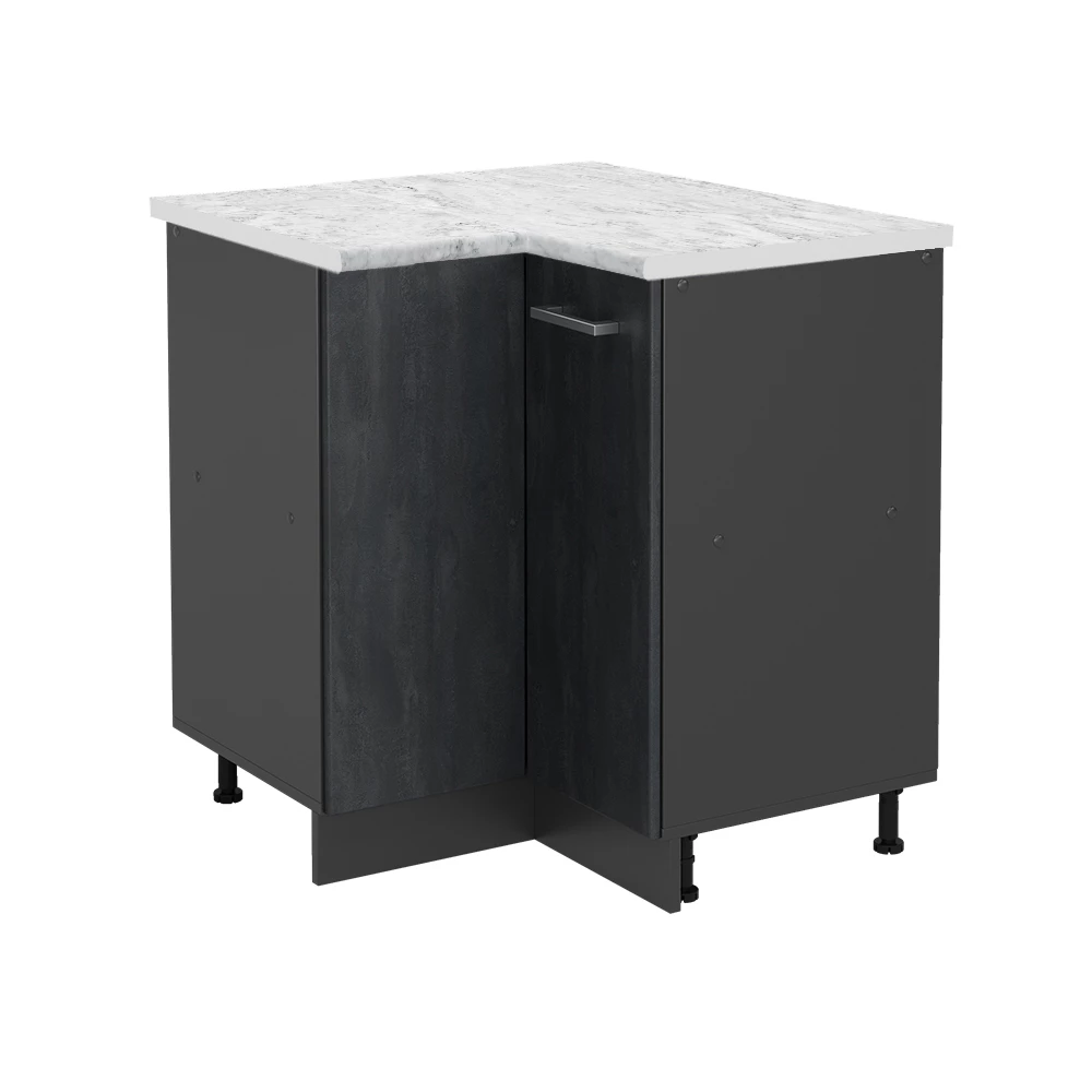 Eckunterschrank in Schwarz Beton auf weißem Hintergrund