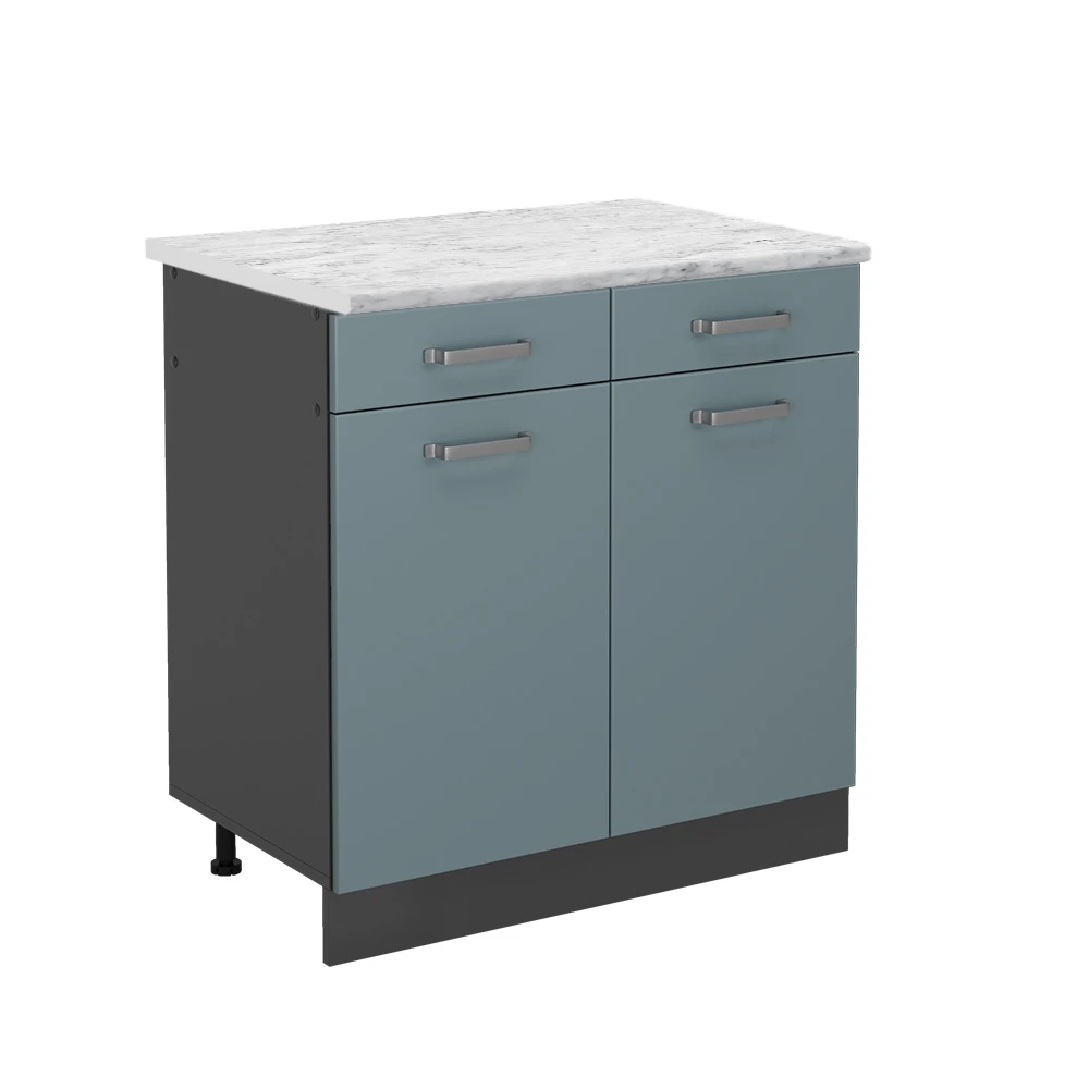 Küchenunterschrank in Blau-Grau auf weißem Hintergrund