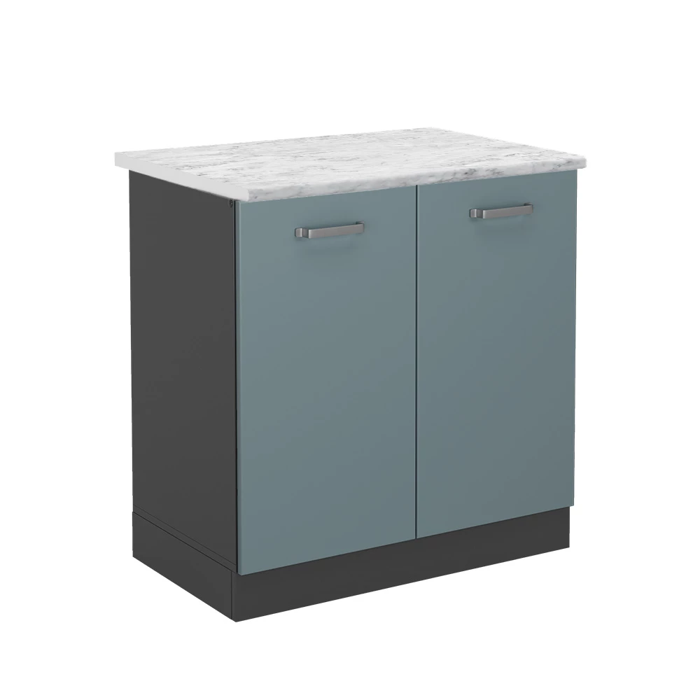 Küchenunterschrank in Blau-Grau auf weißem Hintergrund