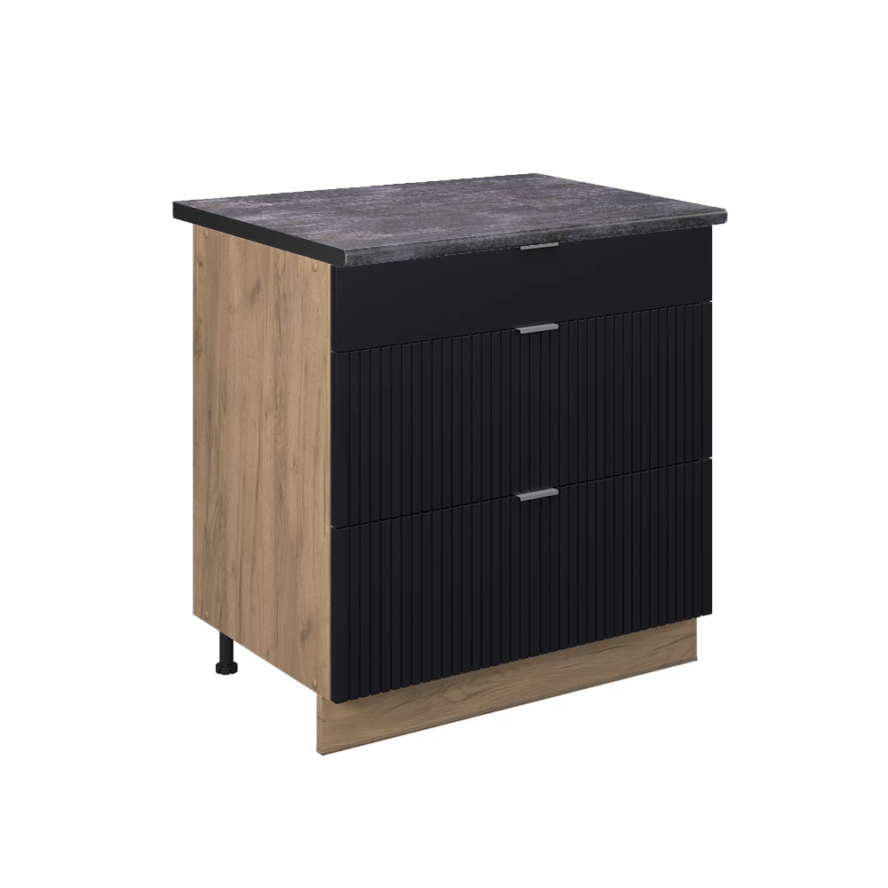 Küchenunterschrank in Schwarz gestreift auf weißem Hintergrund