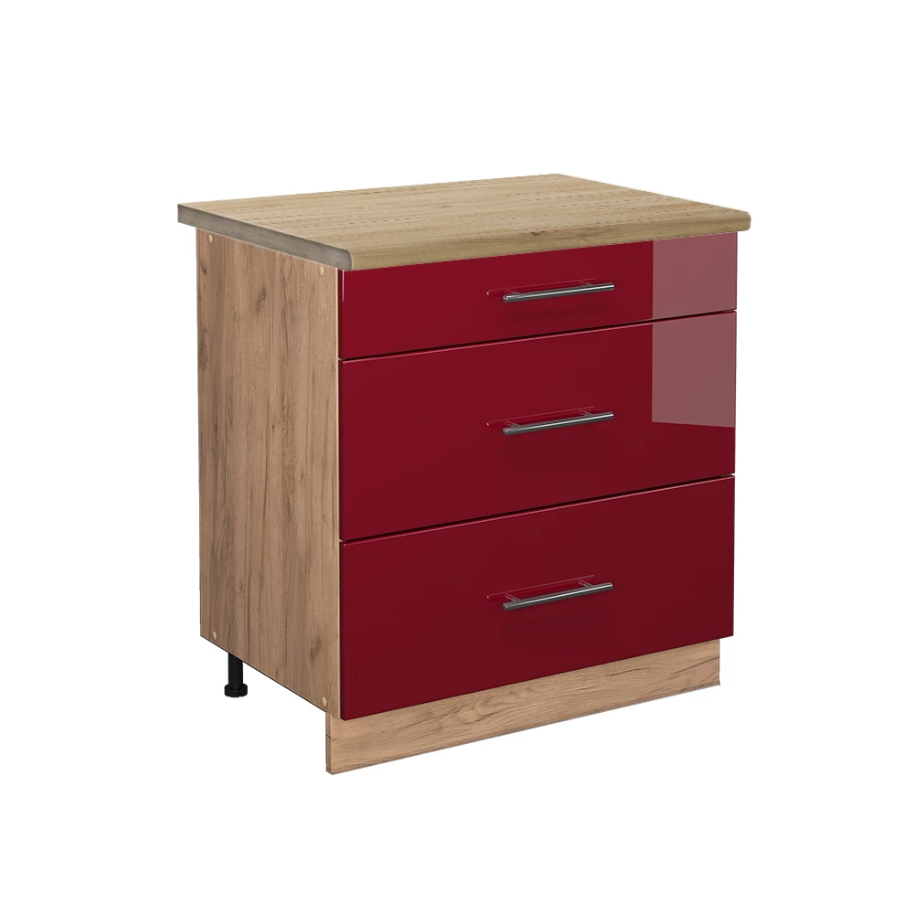 Vicco Küchenunterschrank Bordeaux Hochglanz 80 cm mit 3 Schubladen, AP Eiche, Fame-Line