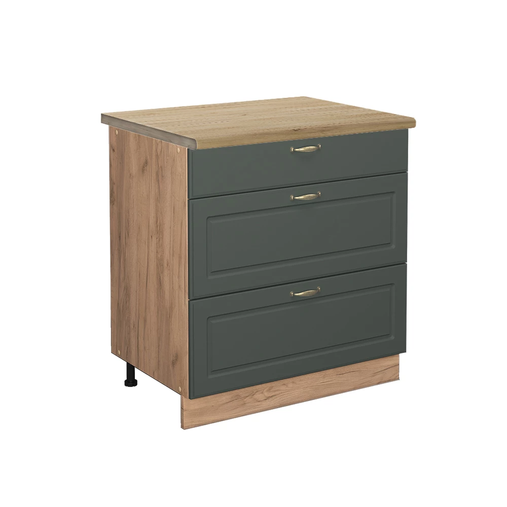 Vicco Kitchen base cabinet Green-Gold Country House 80 cm with 3 drawers, WT Oak, Fame-Line