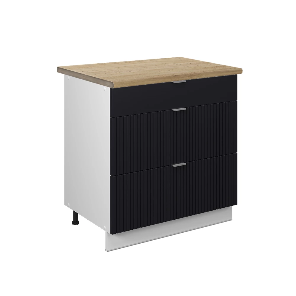 Küchenunterschrank in Schwarz gestreift auf weißem Hintergrund