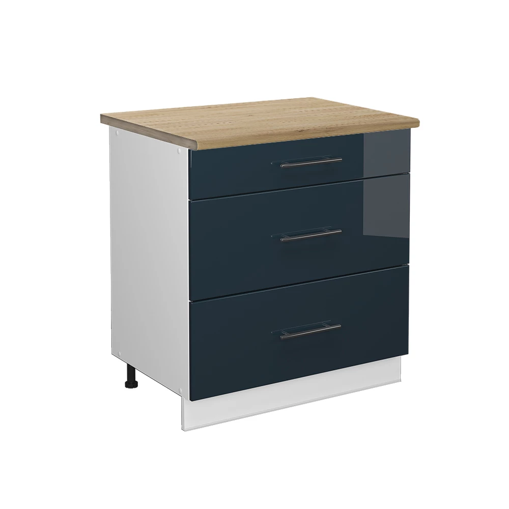 Küchenschränke  in Dunkelblau Hochglanz auf weißem Hintergrund