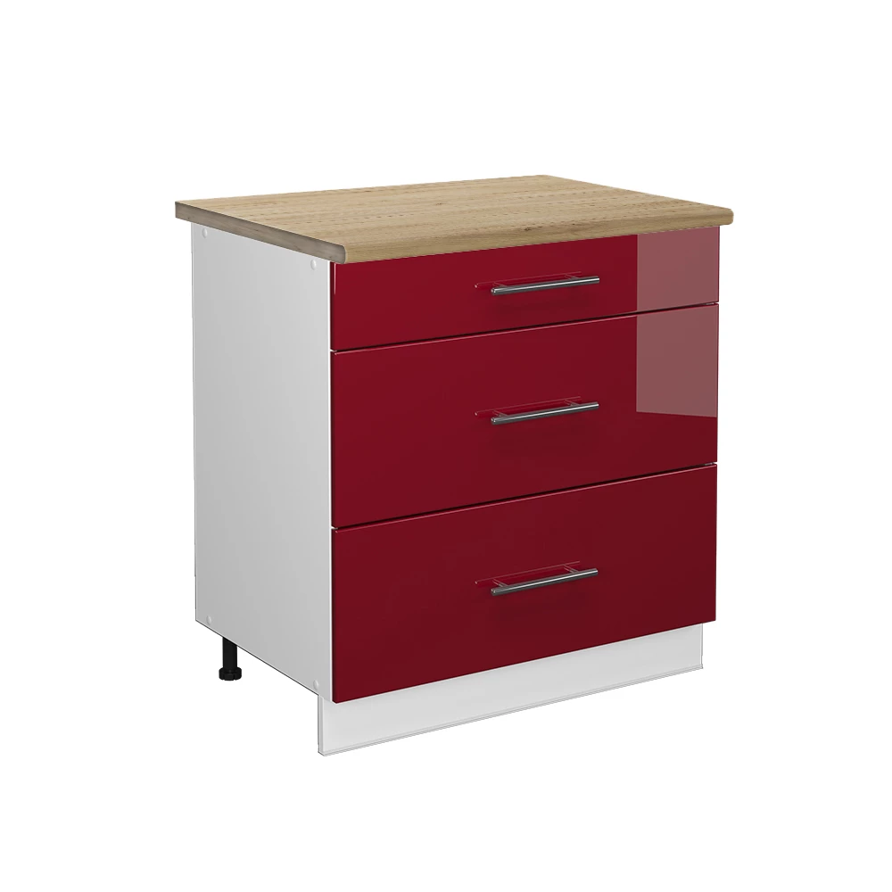 Mobiletto base per cucina in Rosso bordeaux lucido su sfondo bianco