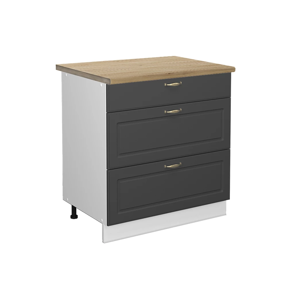 Nahaufnahme von Küchenunterschrank in Anthrazit-Gold, zeigt Design- und Oberflächendetails