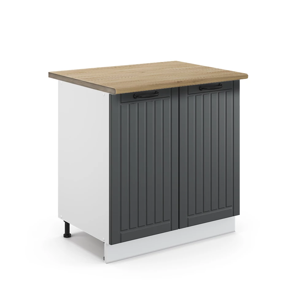 Nahaufnahme von Spülenunterschrank in Anthrazit Landhaus, zeigt Design- und Oberflächendetails