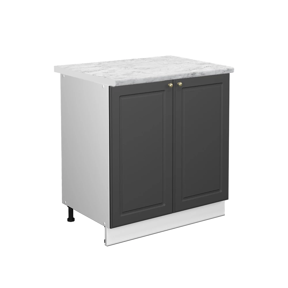 Nahaufnahme von Spülenunterschrank in Anthrazit-Gold, zeigt Design- und Oberflächendetails