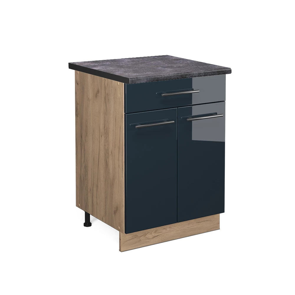 Meuble bas de cuisine en Bleu foncé brillant sur fond blanc