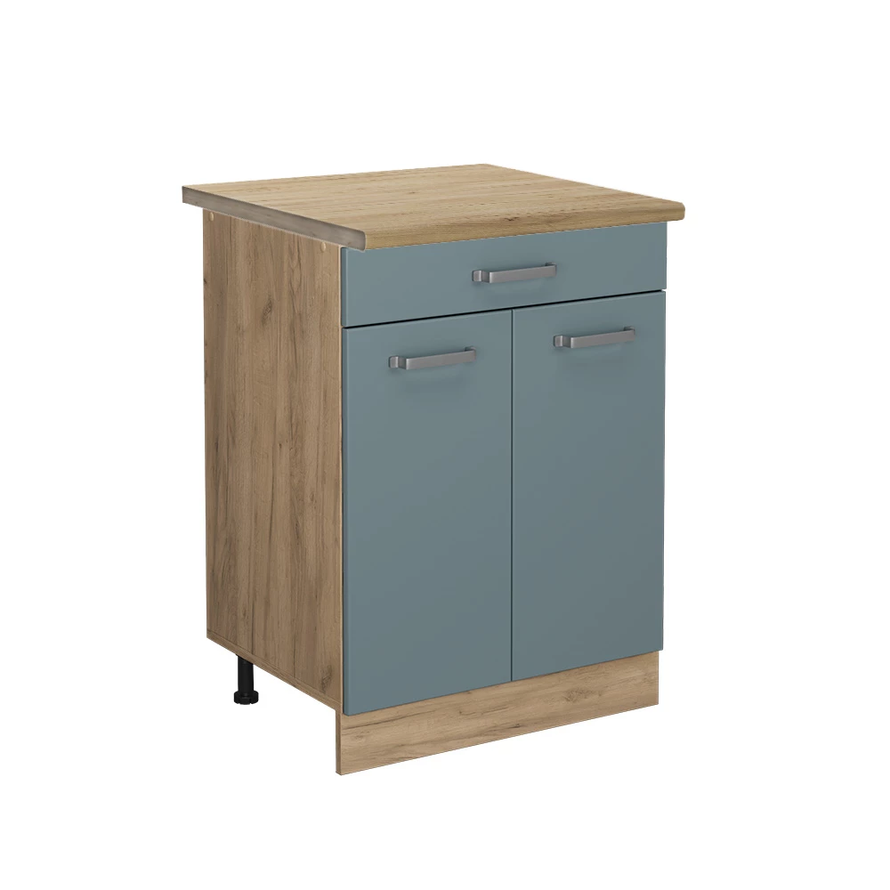 Küchenunterschrank in Blau-Grau auf weißem Hintergrund