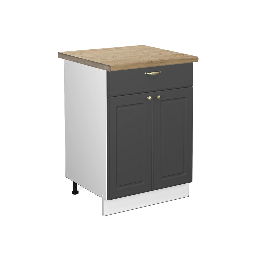 Nahaufnahme von Küchenunterschrank in Anthrazit-Gold, zeigt Design- und Oberflächendetails