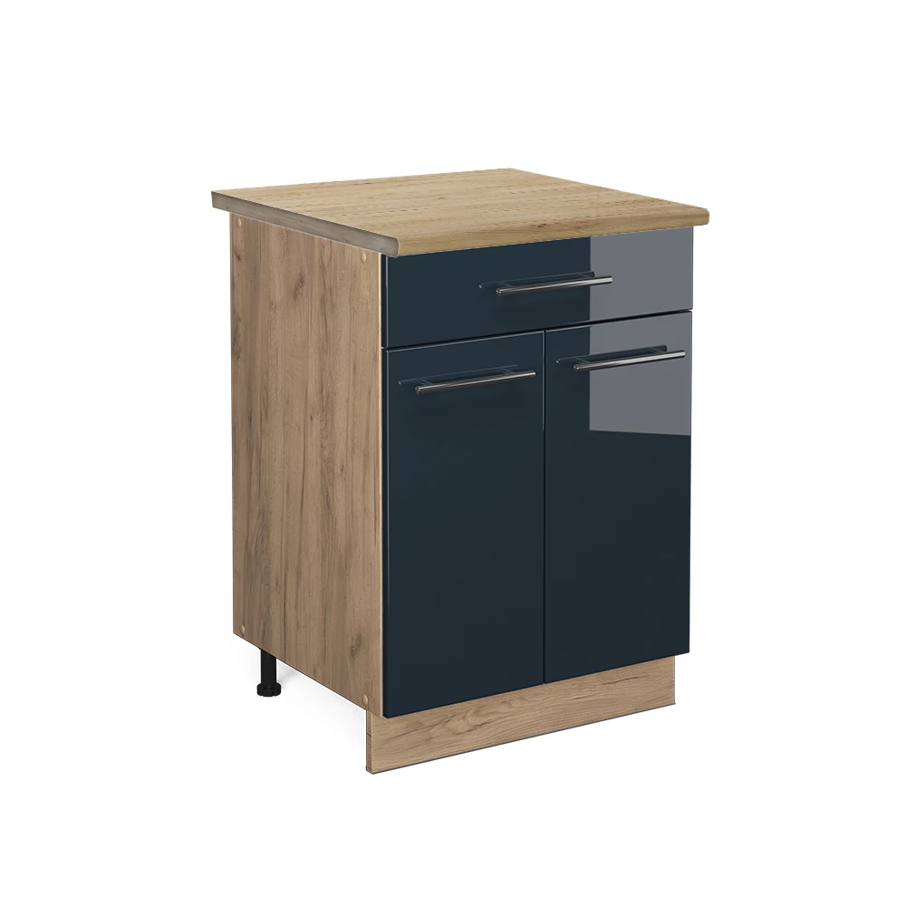 Meuble bas de cuisine en Bleu foncé brillant sur fond blanc