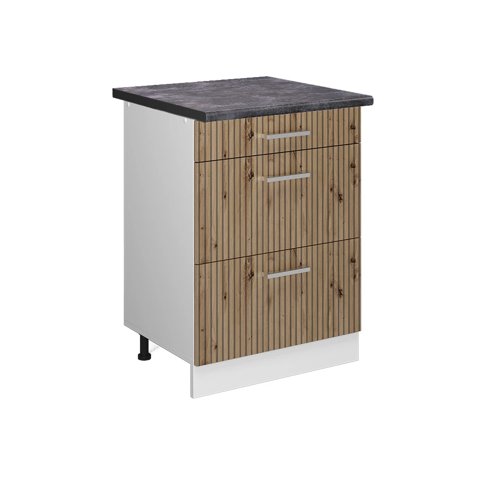Mueble bajo de cocina en Roble artesanal sobre fondo blanco
