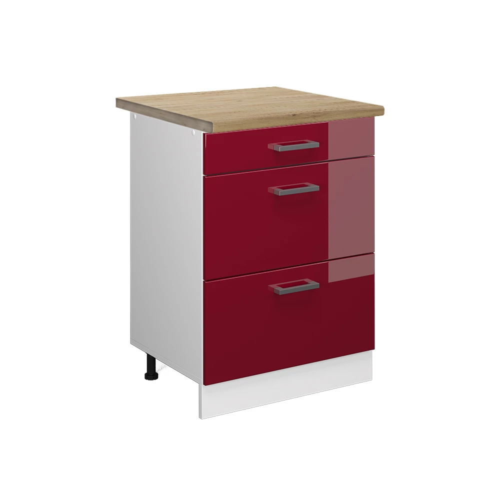 Vicco Küchenunterschrank Bordeaux Hochglanz 60 cm mit Schubladen, AP Eiche, R-Line