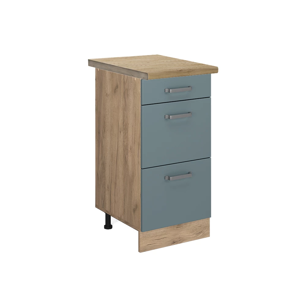 Küchenunterschrank in Blau-Grau auf weißem Hintergrund