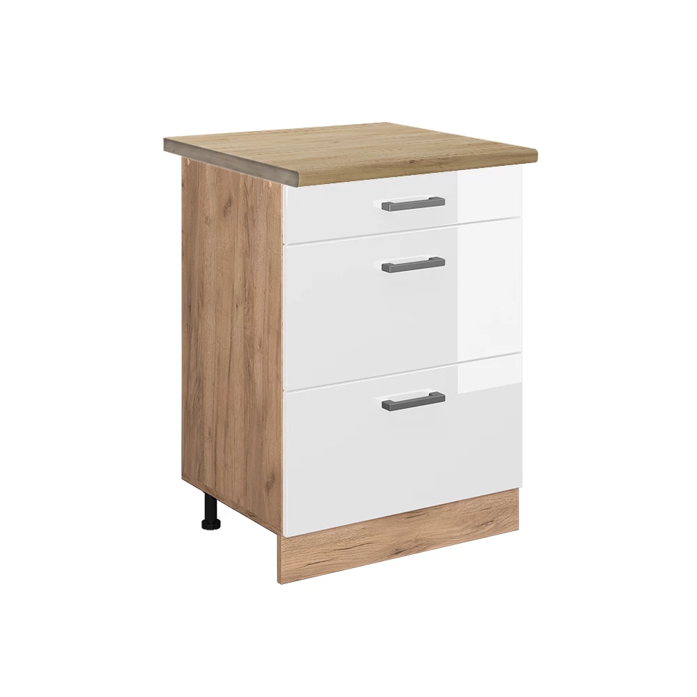 Vicco Küchenunterschrank Weiß Hochglanz 60 cm mit Schubladen, AP Eiche, R-Line