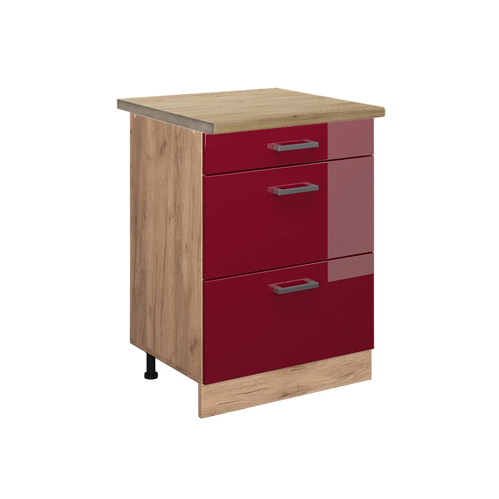Vicco Küchenunterschrank Bordeaux Hochglanz 60 cm mit Schubladen, AP Eiche, R-Line