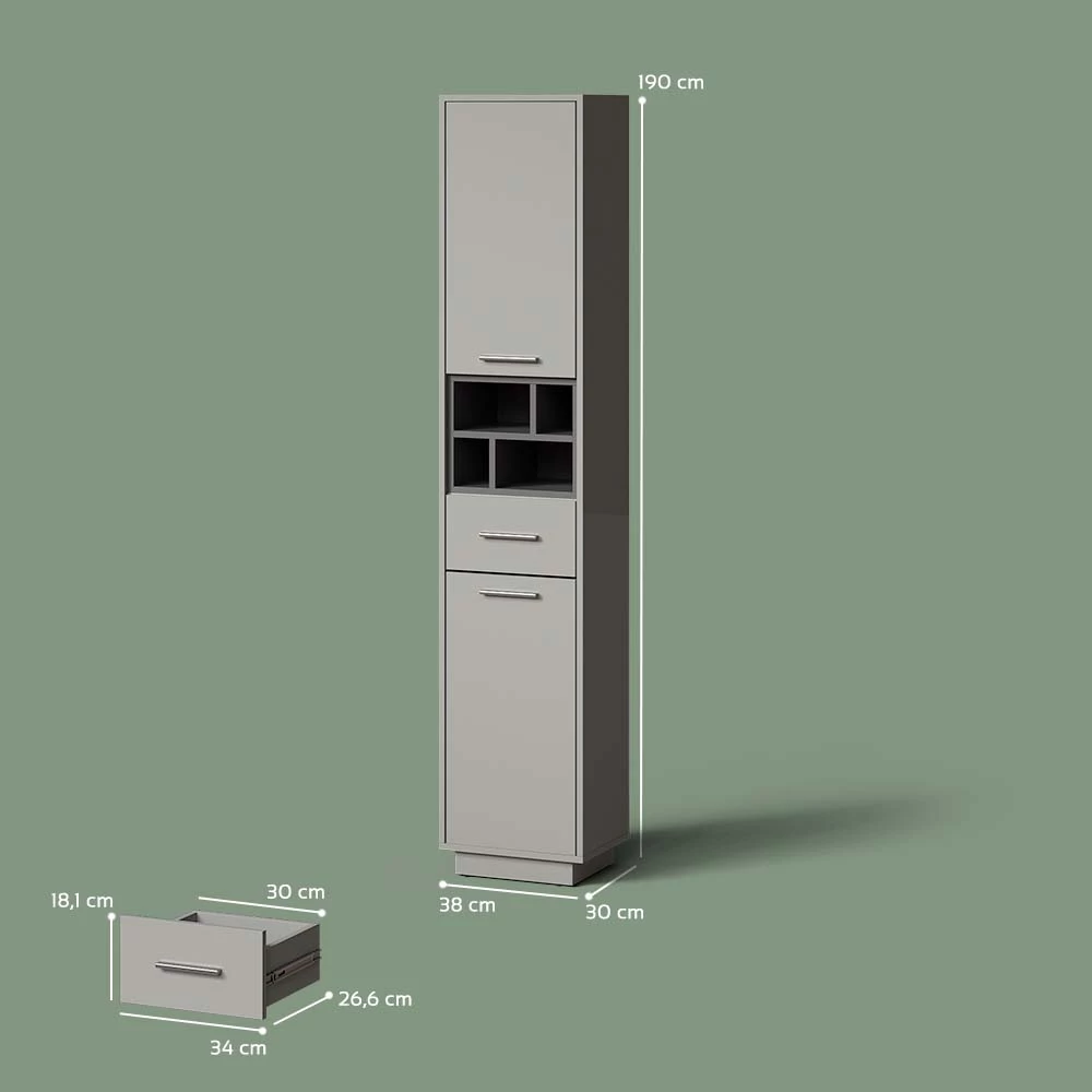 Badschrank in Grau/Anthrazit auf weißem Hintergrund mit sichtbaren Maßen