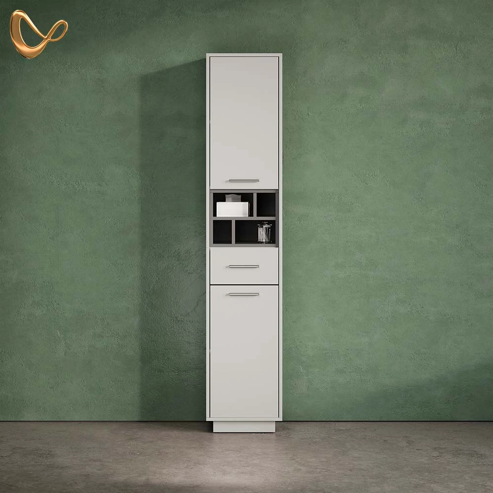 Badschrank Temo Grau/Anthrazit 38 x 190 cm mit Türen, Schublade und offenen Fächern livinity®