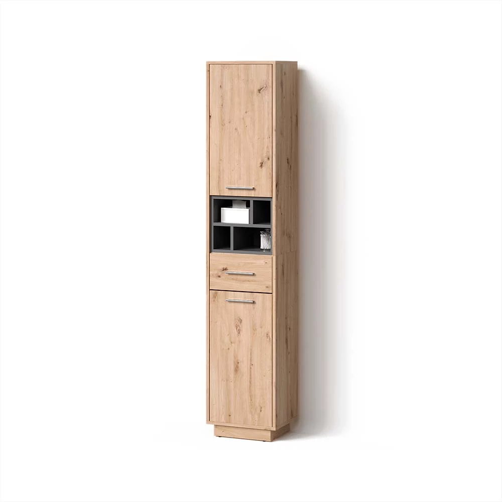 Badschrank in Artisan Eiche/Anthrazit auf weißem Hintergrund