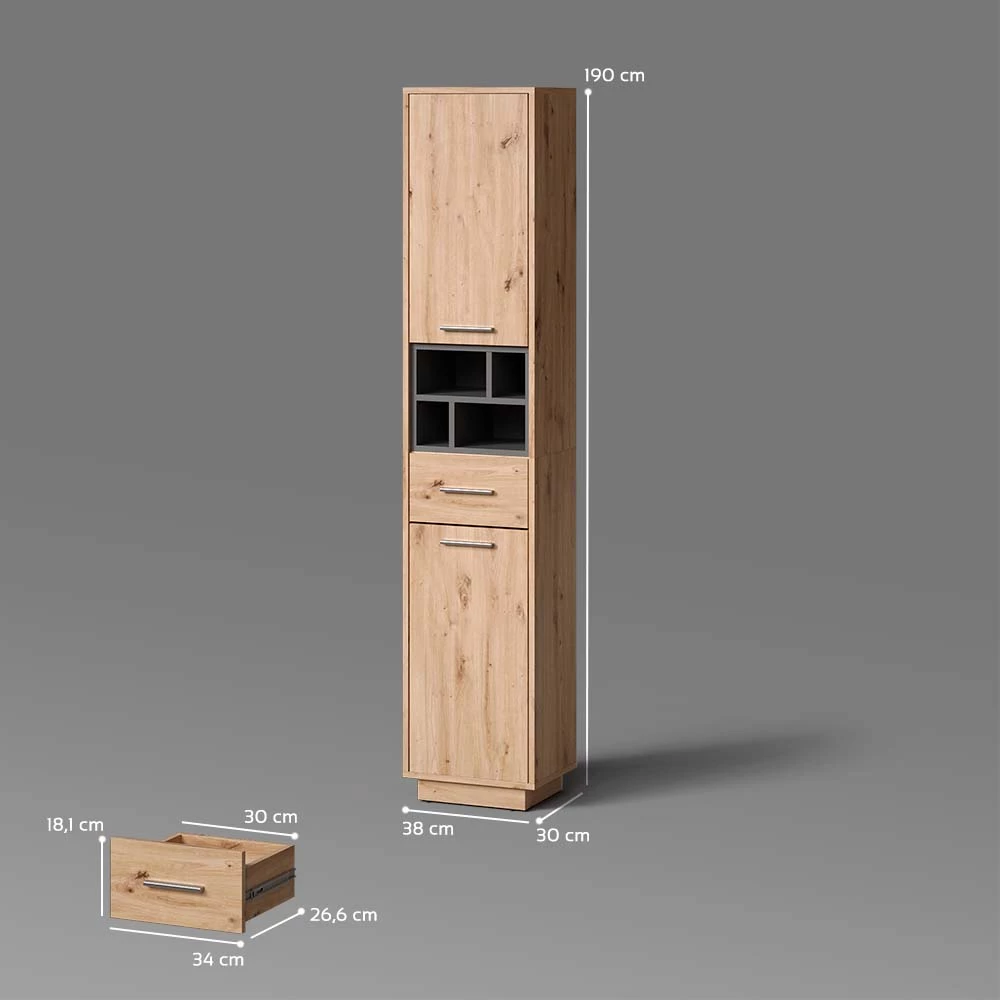 Badschrank in Artisan Eiche/Anthrazit auf weißem Hintergrund mit sichtbaren Maßen