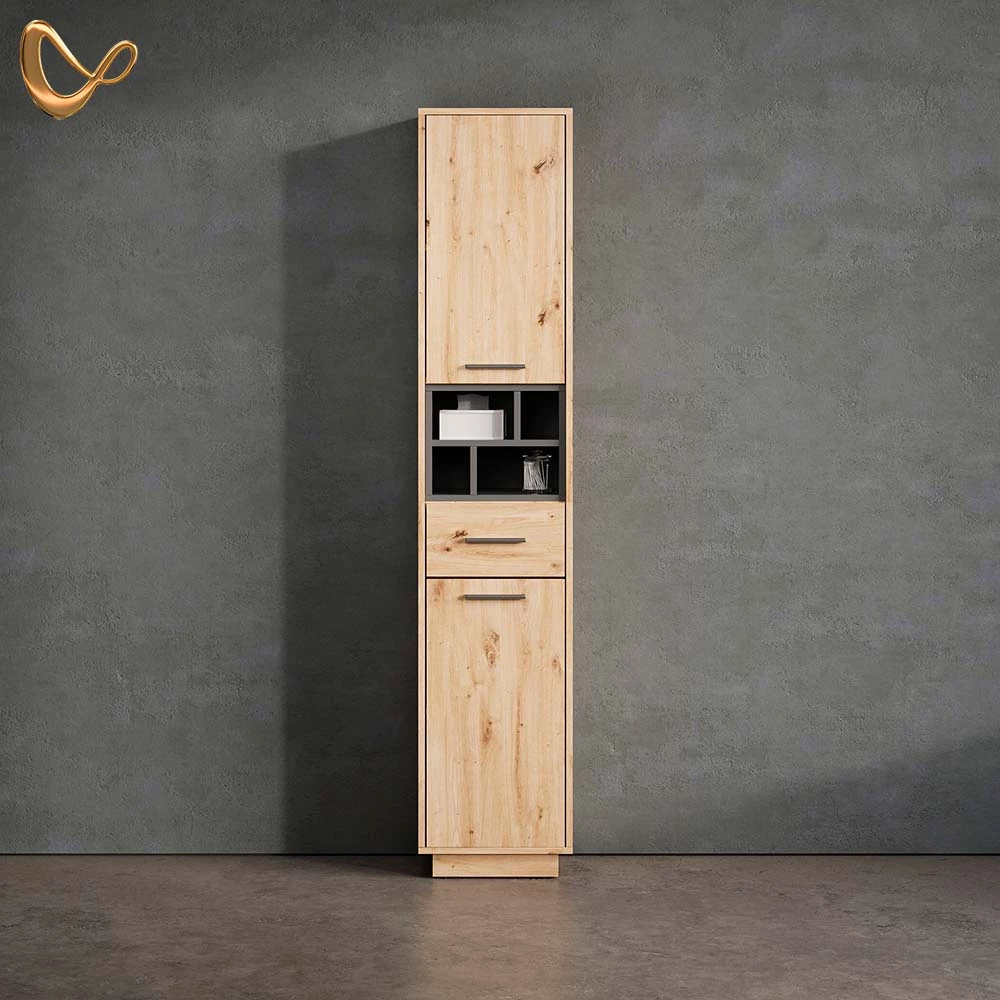 Badschrank Temo Artisan Eiche/Anthrazit 38 x 190 cm mit Türen, Schublade und offenen Fächern livinity®