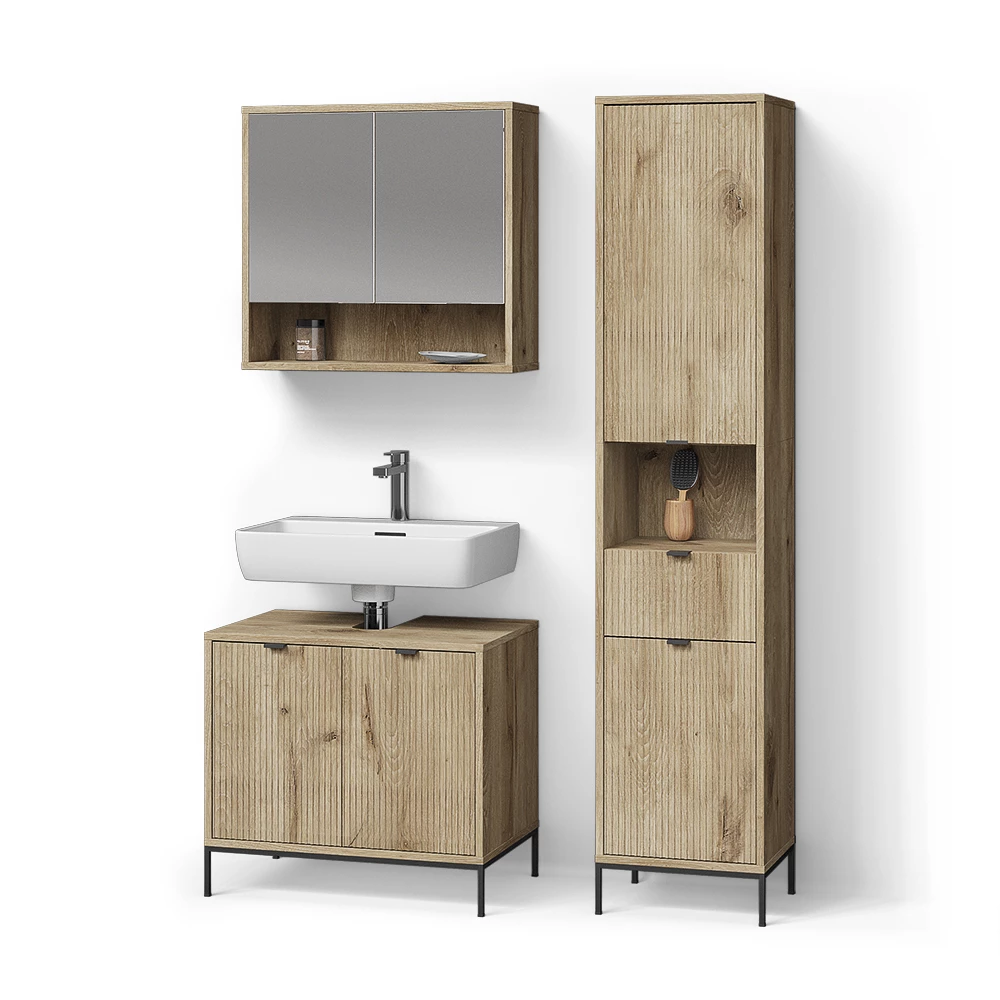 Badmöbel-Set in Viking Oak auf weißem Hintergrund