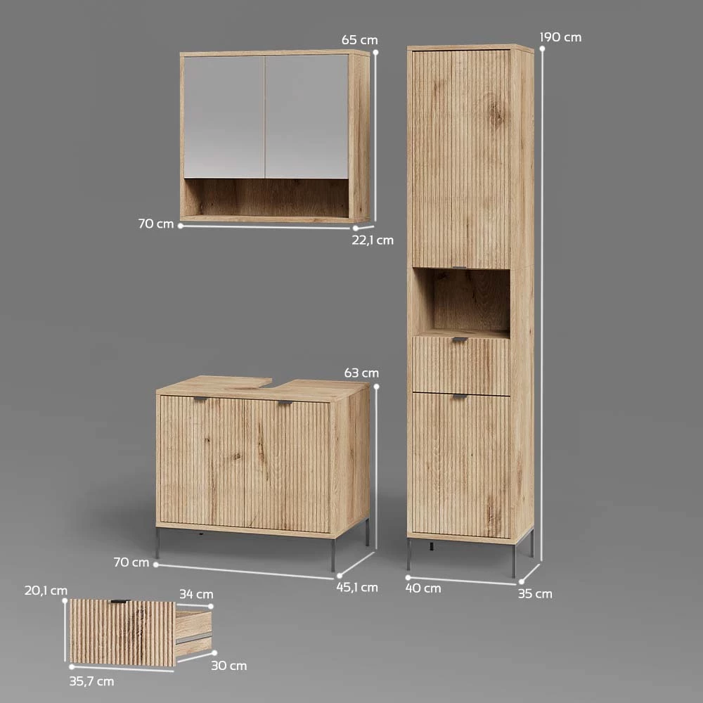 Badmöbel-Set in Viking Oak auf weißem Hintergrund mit sichtbaren Maßen