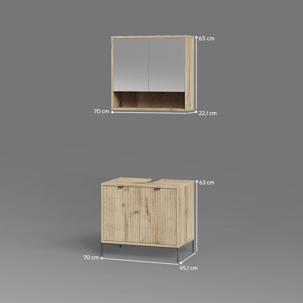 Badmöbel-Set in Viking Oak auf weißem Hintergrund mit sichtbaren Maßen