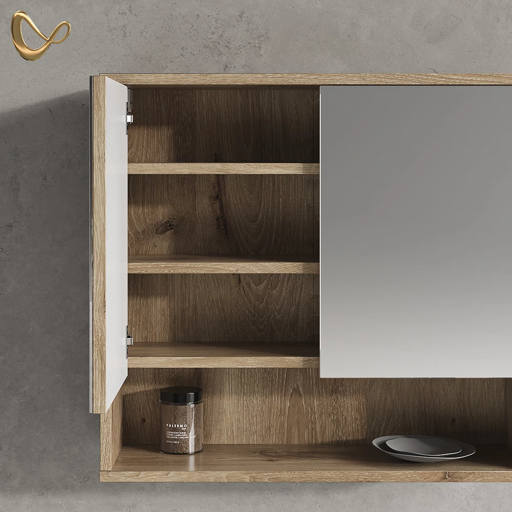 Nahaufnahme von Badspiegelschrank in Viking Oak, zeigt Design- und Oberflächendetails