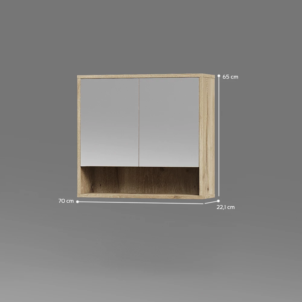 Badspiegelschrank in Viking Oak auf weißem Hintergrund mit sichtbaren Maßen