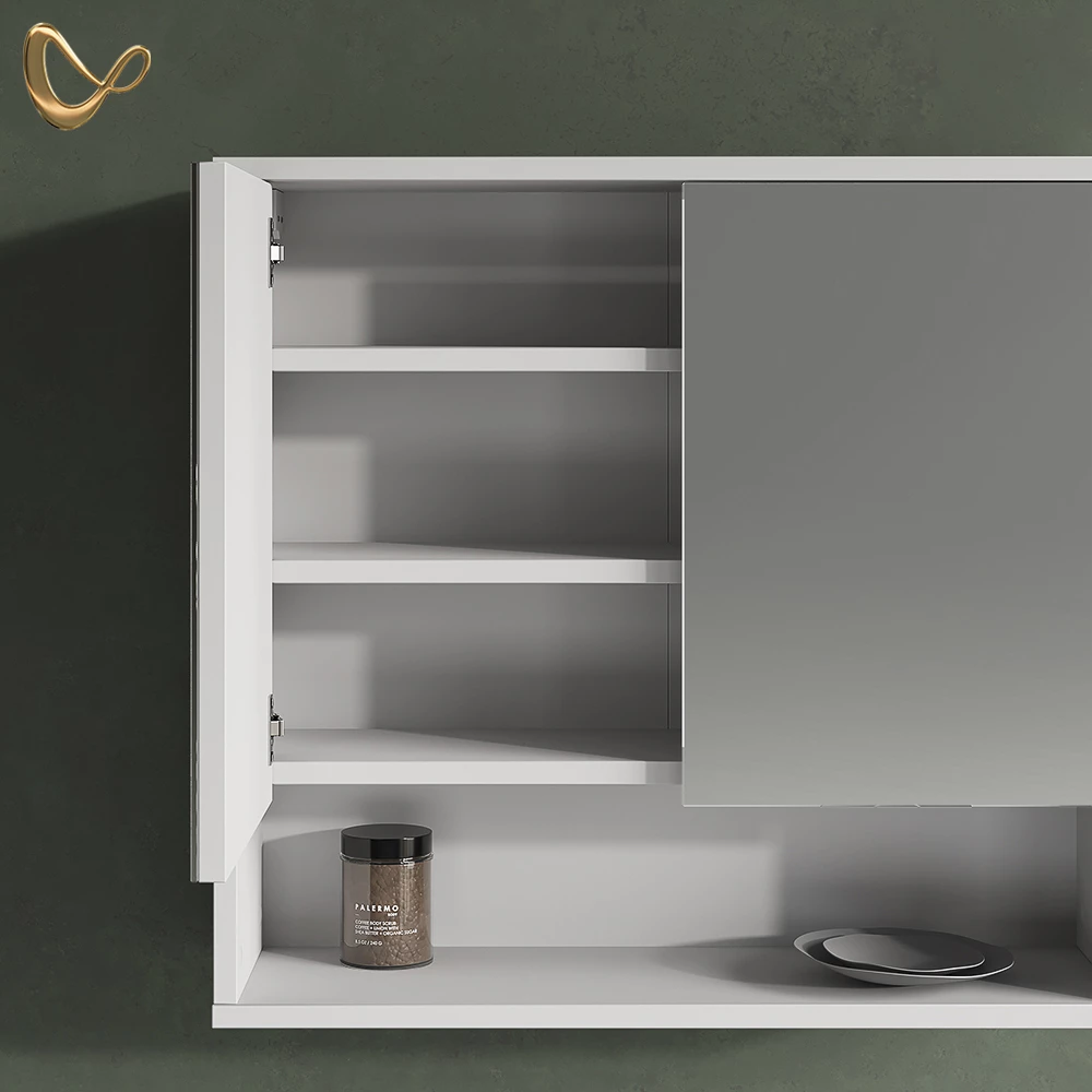 Nahaufnahme von Spiegelschrank in Weiß, zeigt Design- und Oberflächendetails