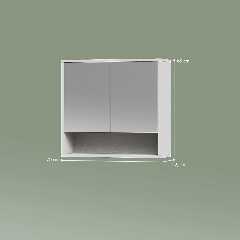 Spiegelschrank in Weiß auf weißem Hintergrund mit sichtbaren Maßen