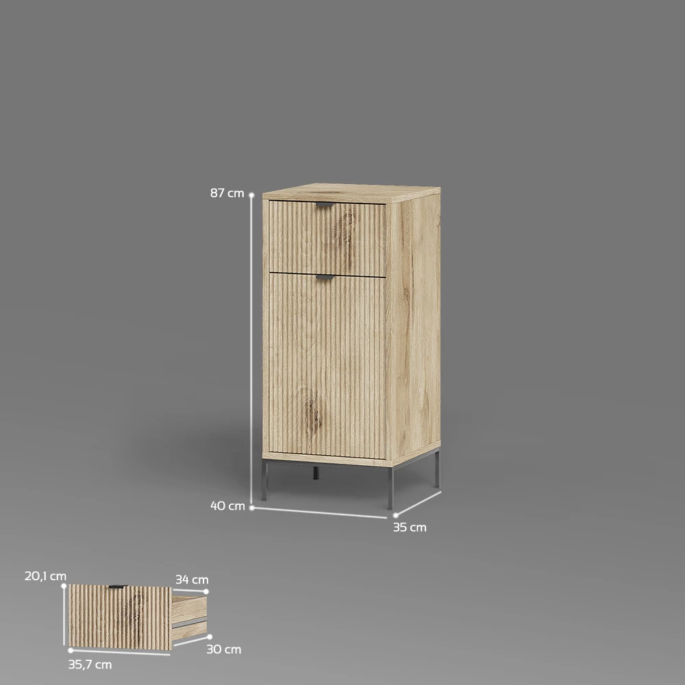 Midischrank in Viking Oak auf weißem Hintergrund mit sichtbaren Maßen