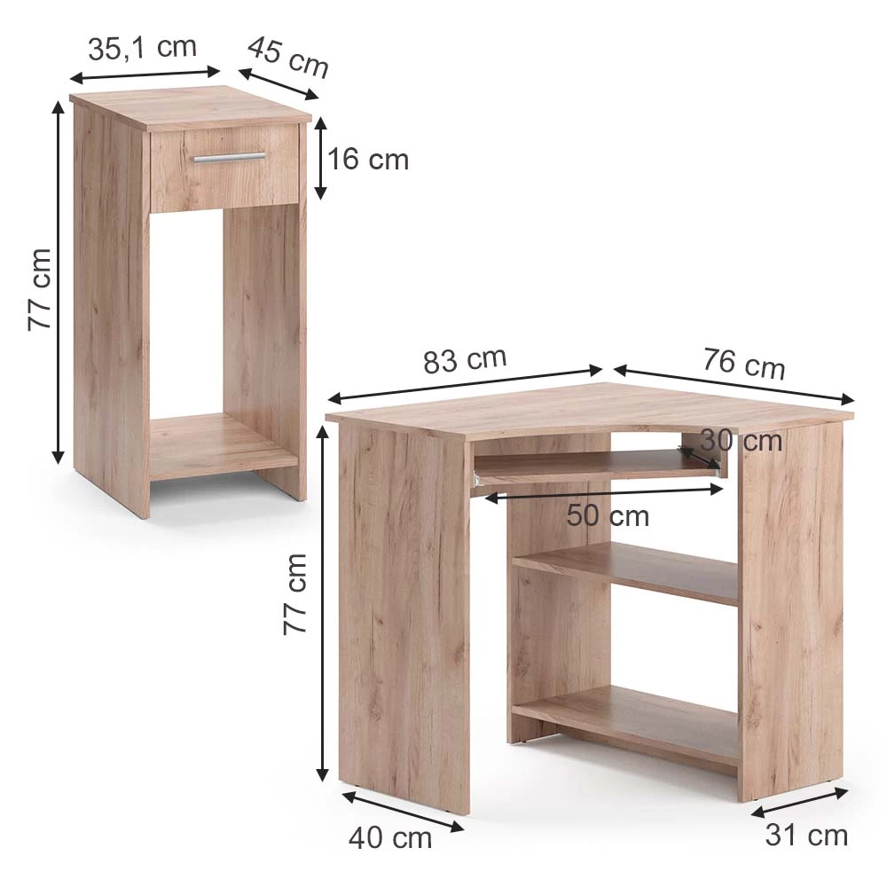 Eckschreibtisch in Sonoma auf weißem Hintergrund mit sichtbaren Maßen