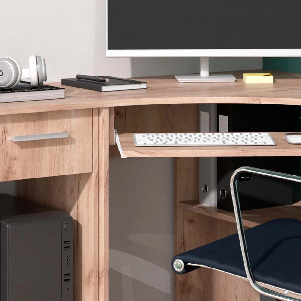 Nahaufnahme von Eckschreibtisch in Sonoma, zeigt Textur/Details