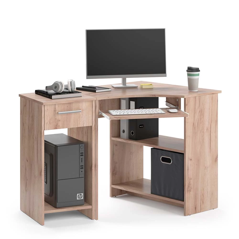 Eckschreibtisch in Sonoma auf weißem Hintergrund mit dekorativen Elementen