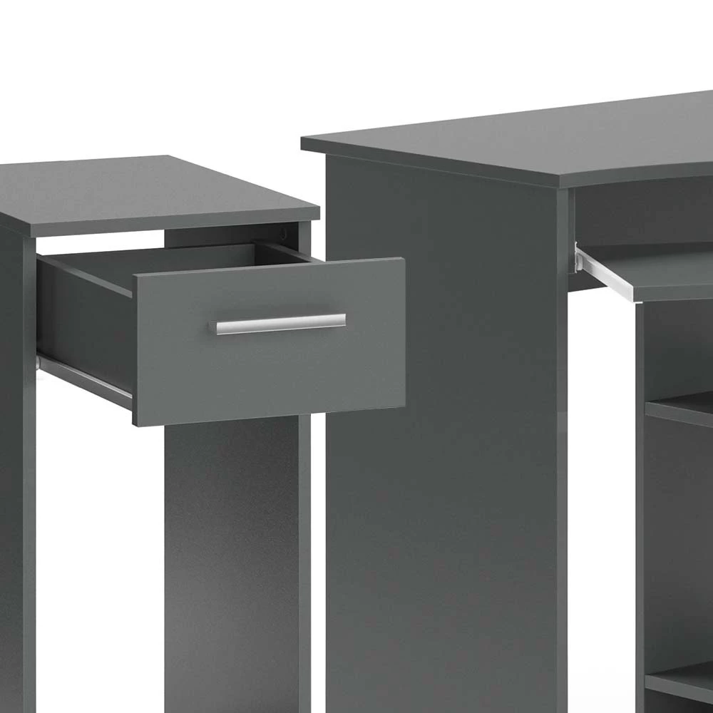 Nahaufnahme von Eckschreibtisch in Anthrazit, zeigt Design- und Oberflächendetails