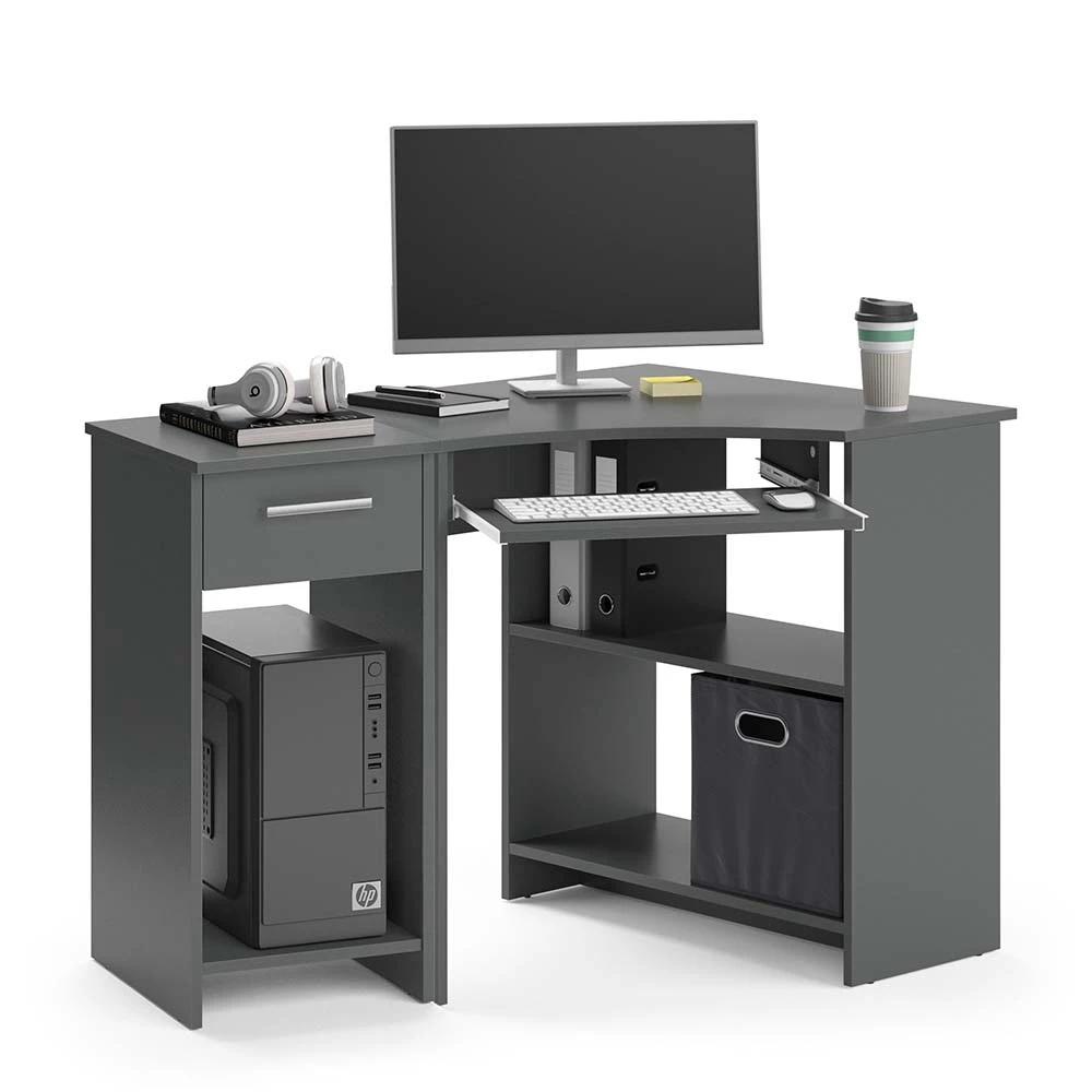 Eckschreibtisch in Anthrazit auf weißem Hintergrund mit dekorativen Elementen