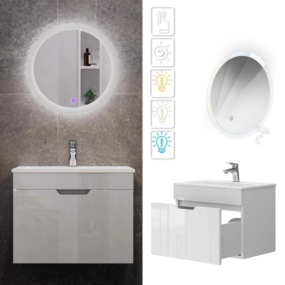Vicco Set di mobili da bagno Bianco 3 parti, base 60 cm, specchio a led, Stefanie