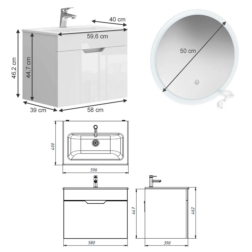 Vicco Set di mobili da bagno Bianco 3 parti, base 60 cm, specchio a led, Stefanie