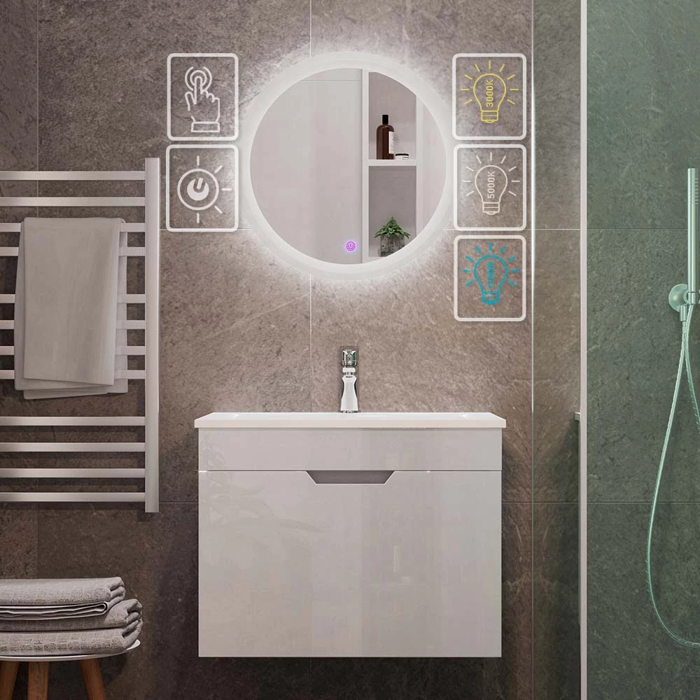 Vicco Set di mobili da bagno Bianco 3 parti, base 60 cm, specchio a led, Stefanie
