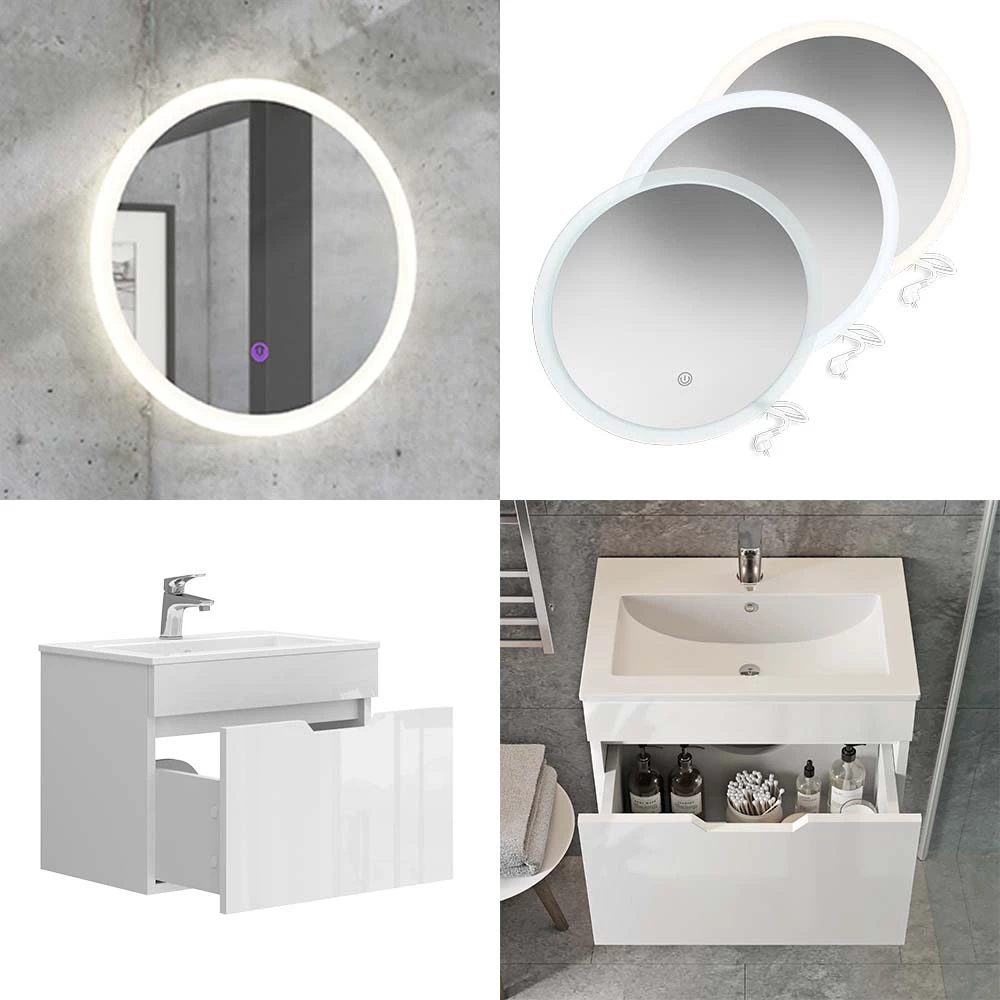 Vicco Set di mobili da bagno Bianco 3 parti, base 60 cm, specchio a led, Stefanie