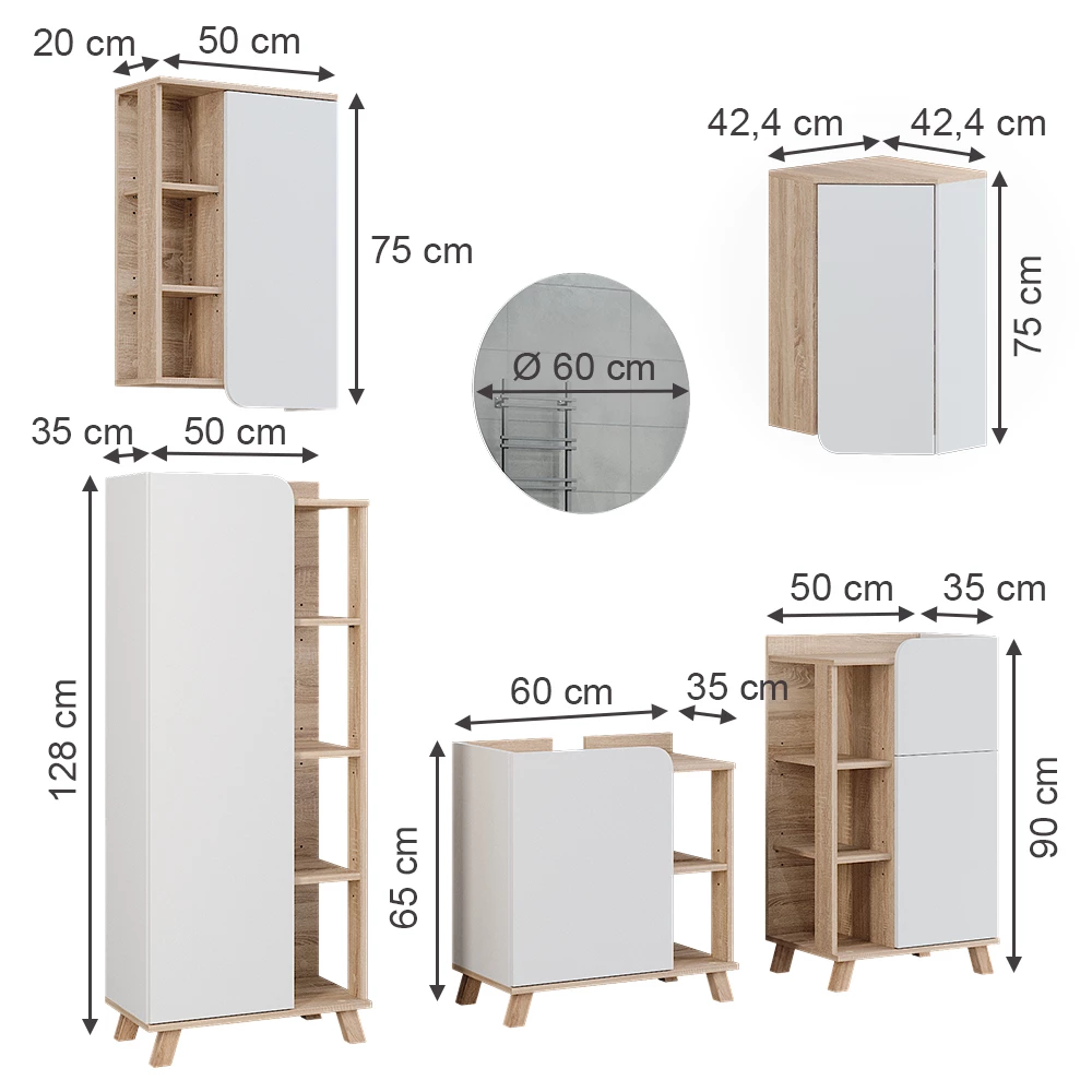 livinity® Badmöbel-Set Sonoma/Weiß 6 Teile, Karen
